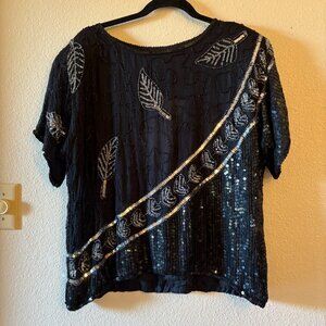 NWT VTG 100% Silk Black Top Silver Black Sequins Beads Size XL Leaf Leaves Fall
